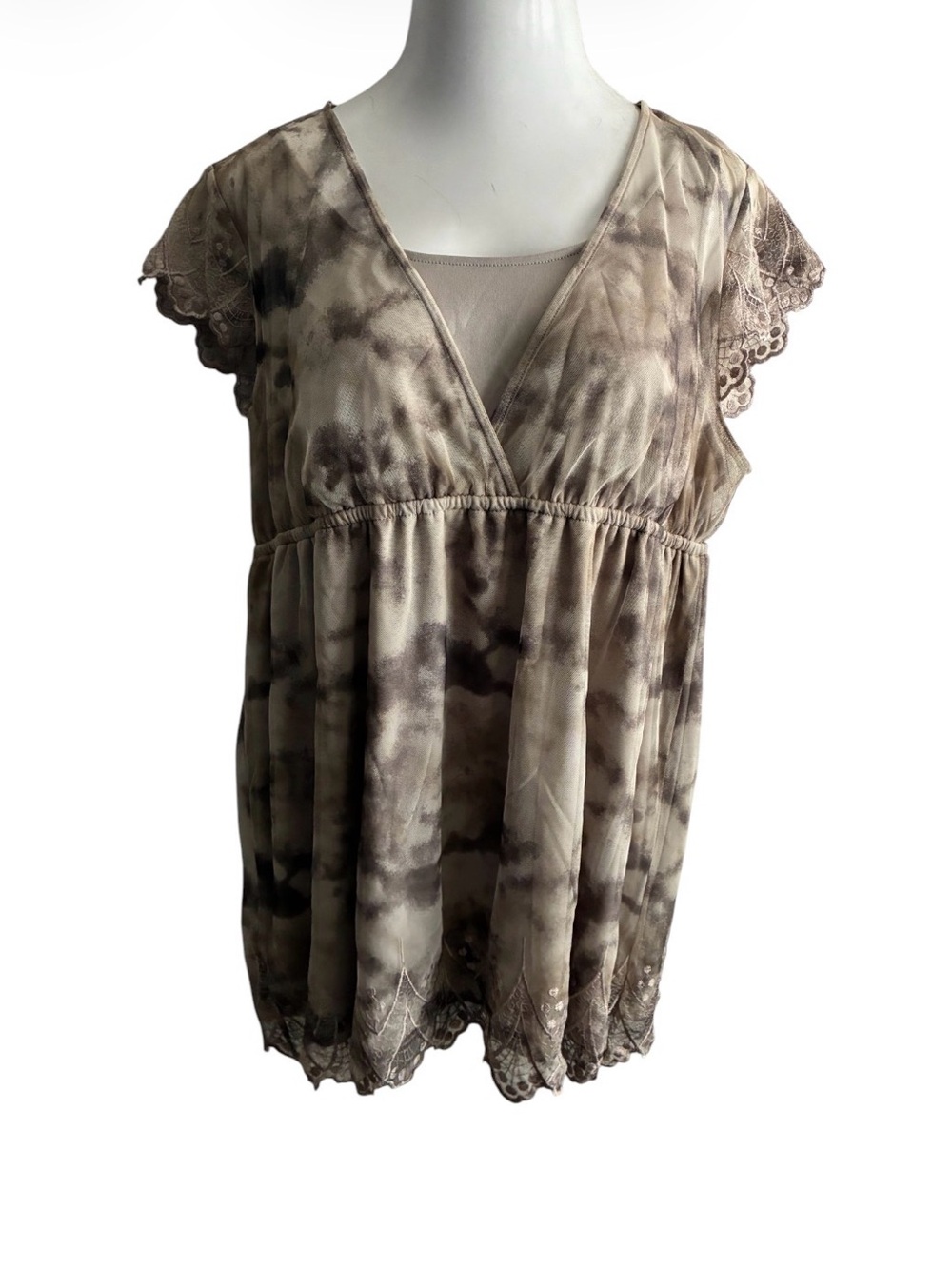 Style & Co Taupe Tie-Dye V-Neck Blouse with Lace Trim XL